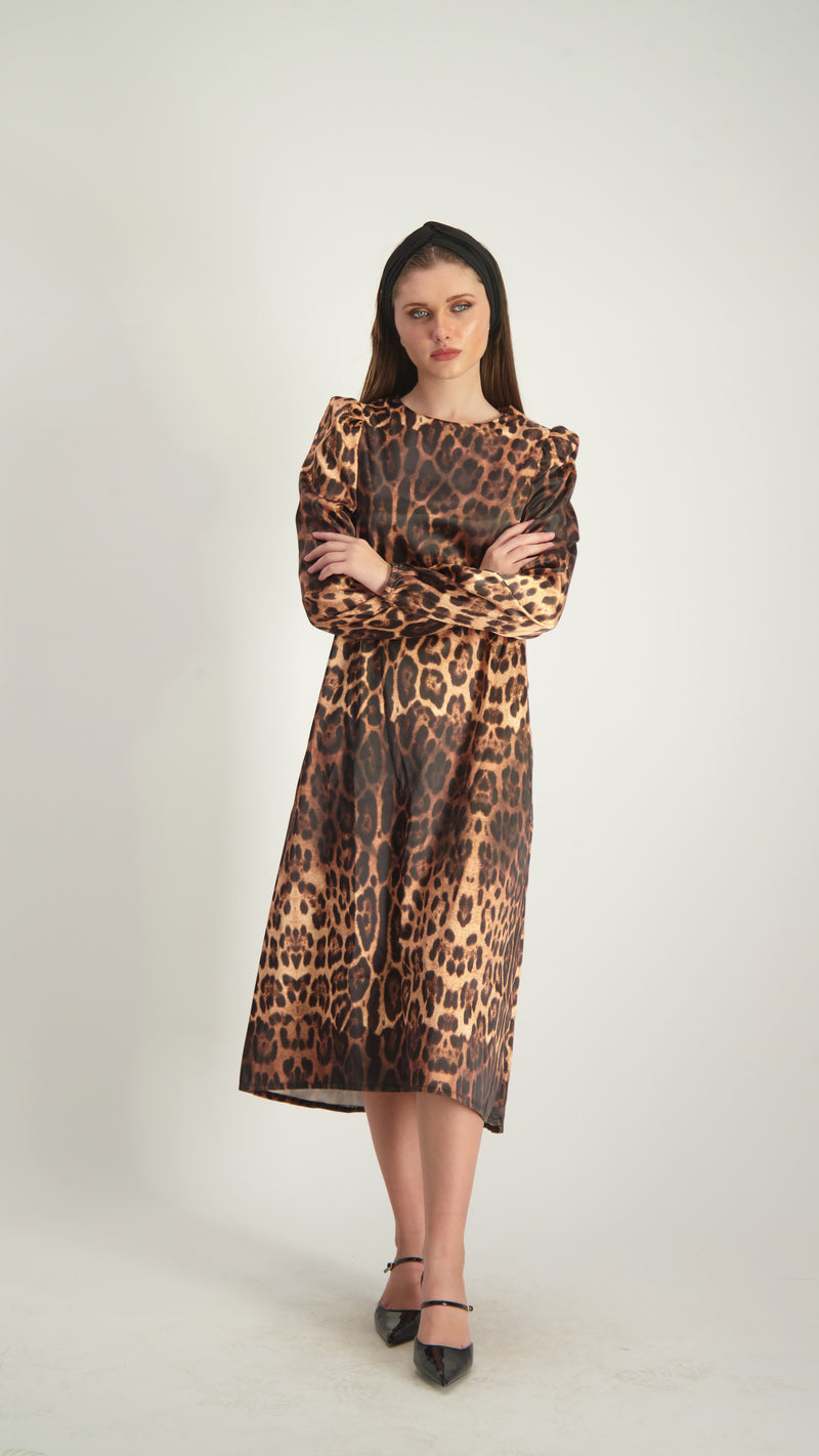 Satin A-line Dress with belt / Leopard