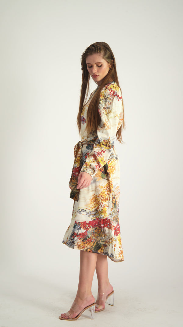 Satin A-line Dress with belt / Flowers