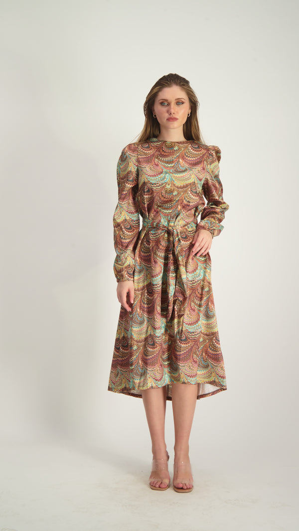 Satin A-line Dress with belt / Peacock