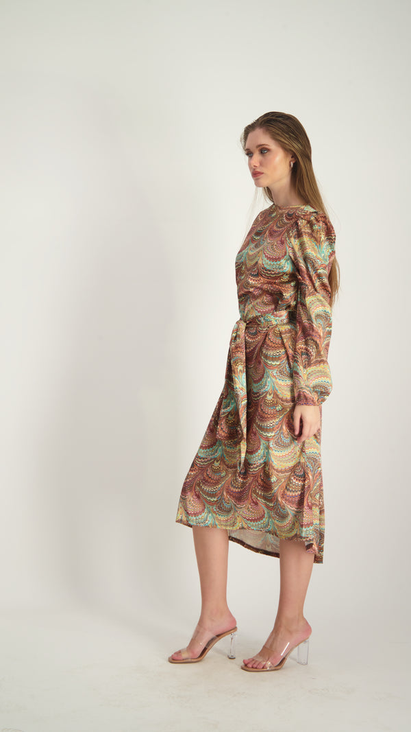 Satin A-line Dress with belt / Peacock