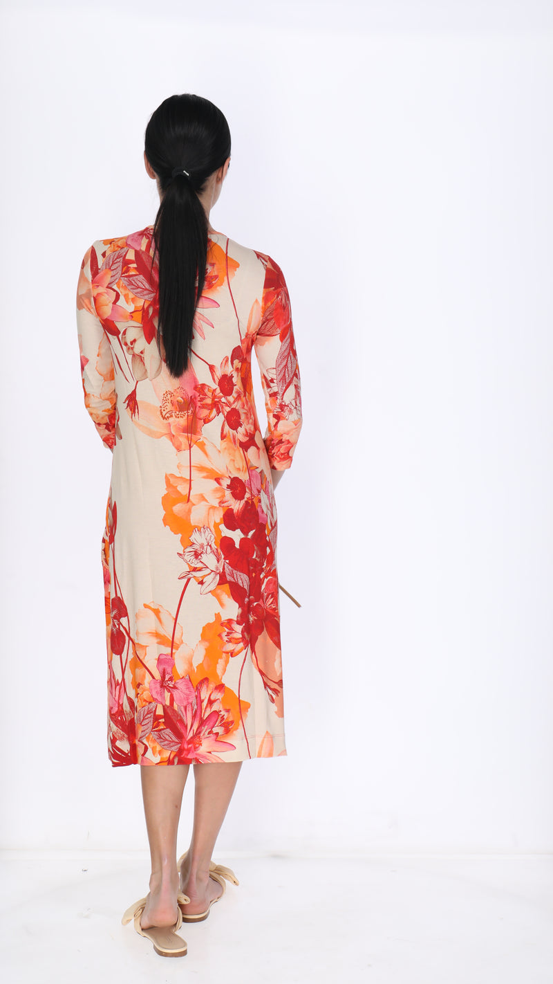 Waisted Cotton Dress / Orange Flowers