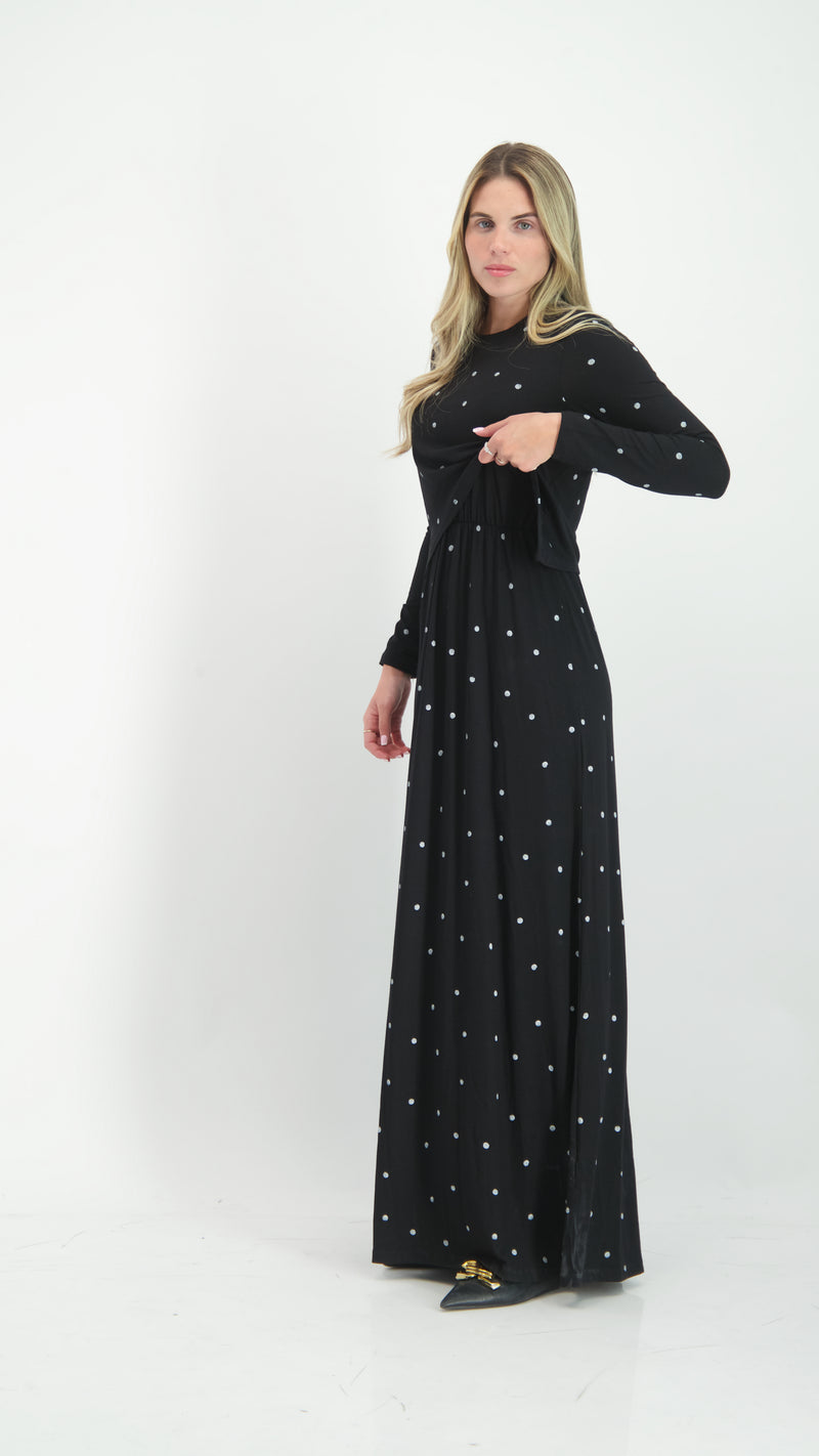 Maxi Nursing Dress / Black Polka Dots