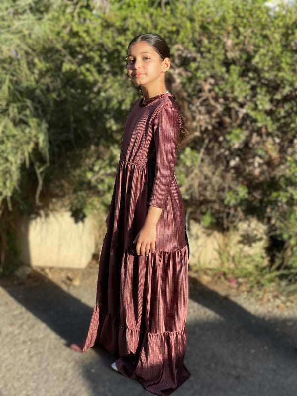 Kids Ribbed Velvet Maxi Layers Dress / Burgandy