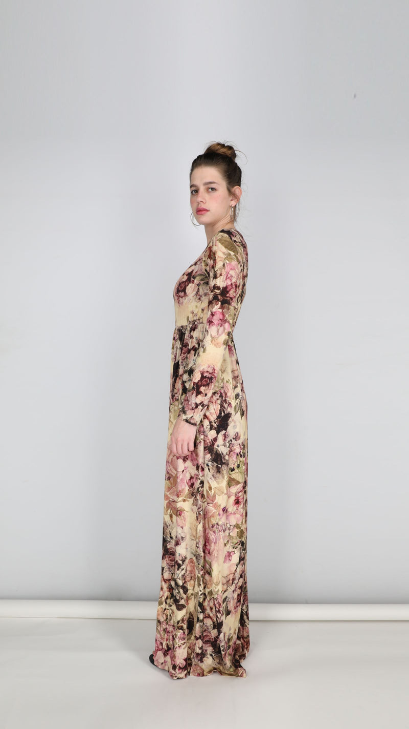 Belted Maxi Dress / Pink Flowers