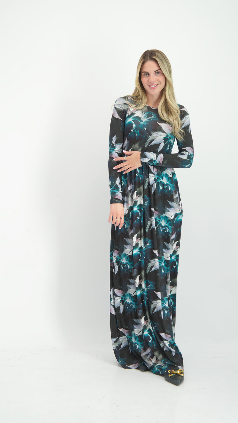 Belted Maxi Dress / Green Flowers