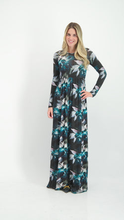 Belted Maxi Dress / Green Flowers