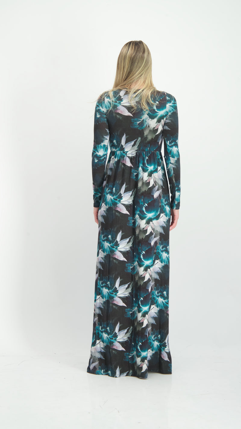 Belted Maxi Dress / Green Flowers