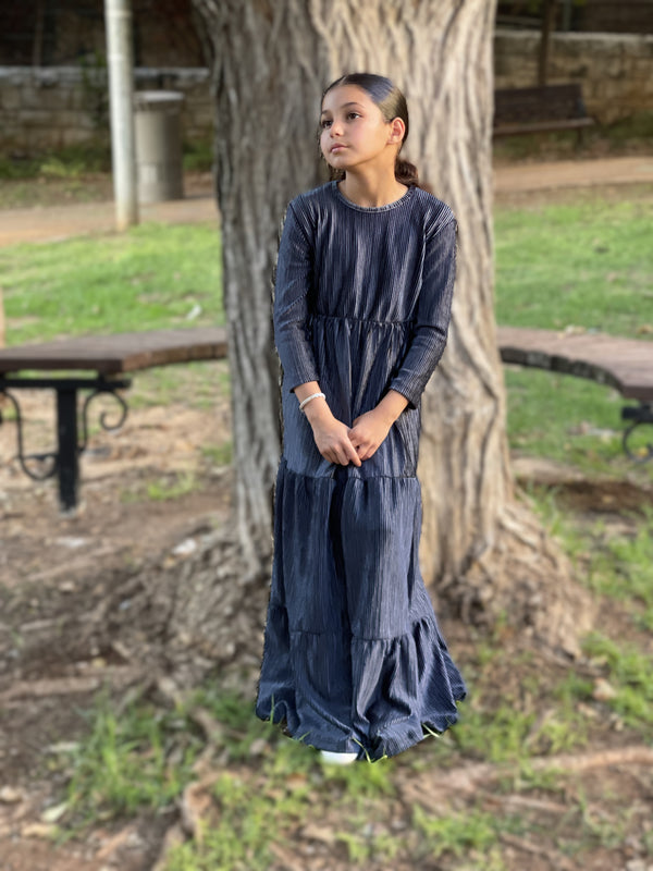 Kids Ribbed Velvet Maxi Layers Dress / Petrol