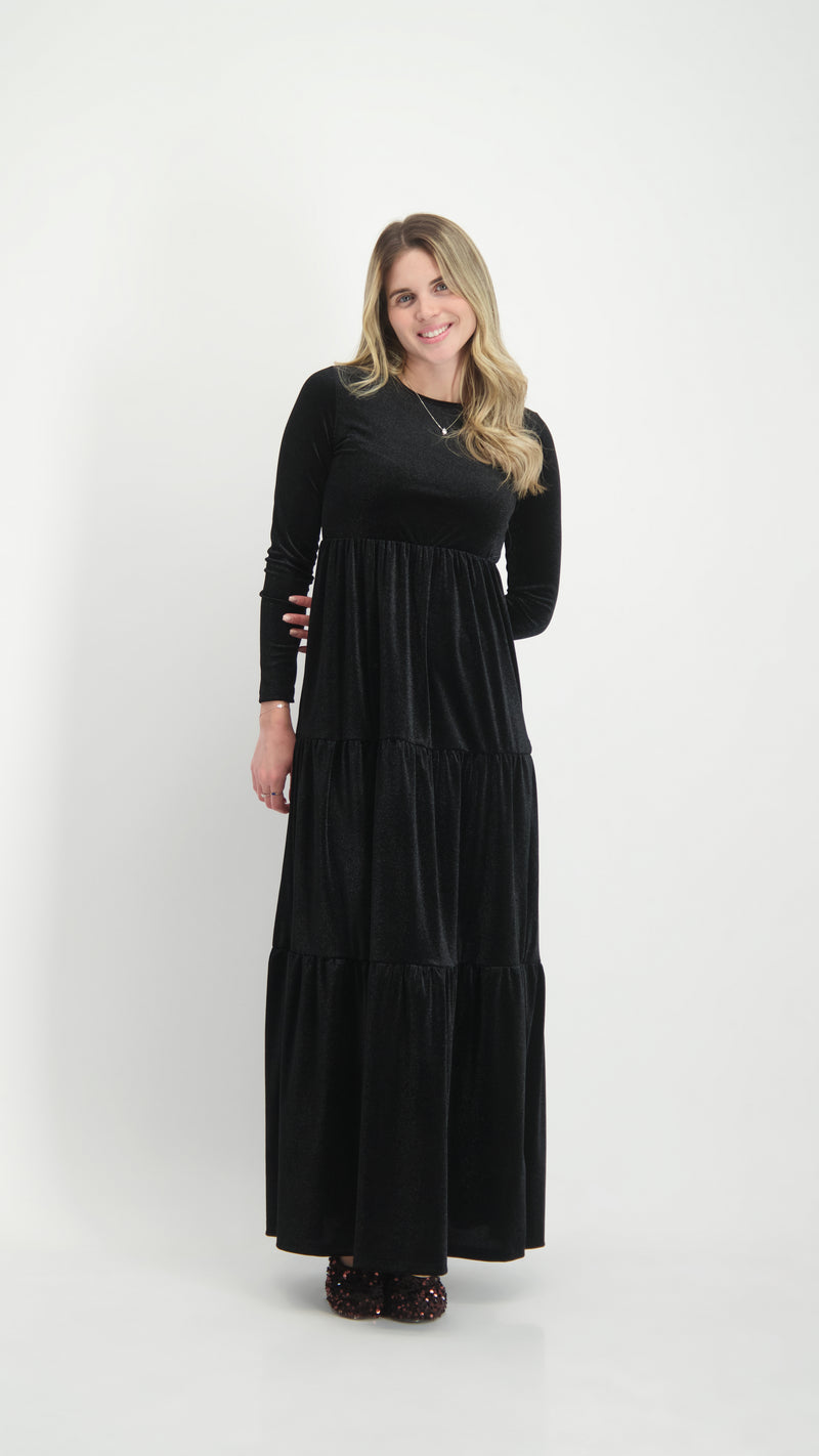 Velvet Maxi Layers Dress / Black Shine