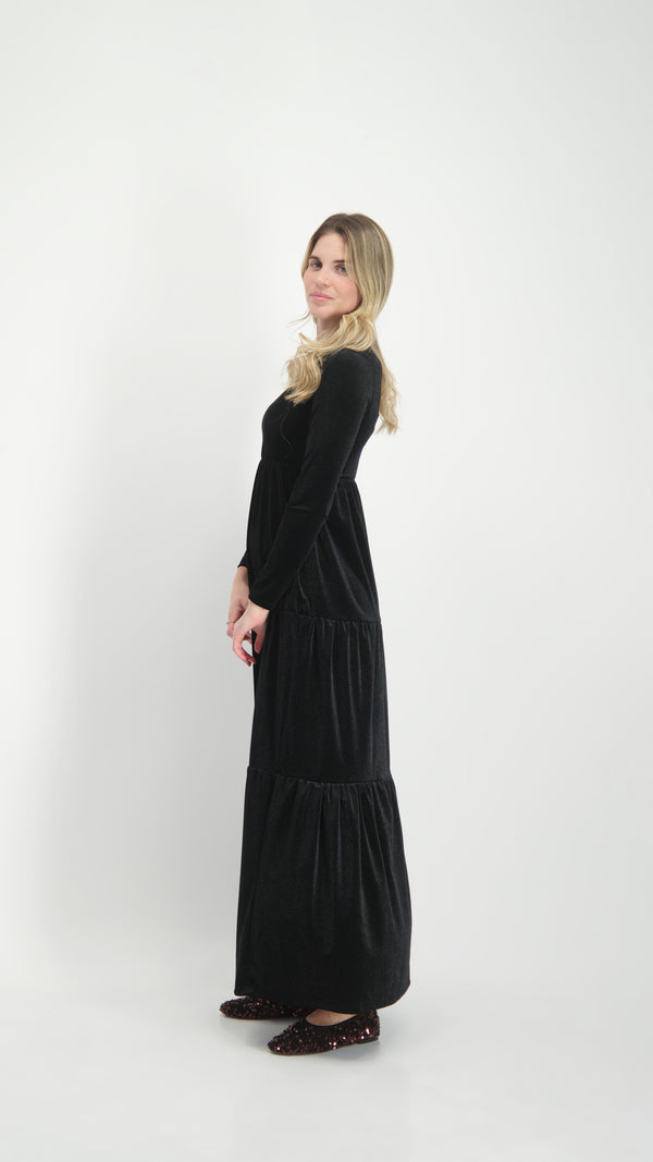 Velvet Maxi Layers Dress / Black Shine