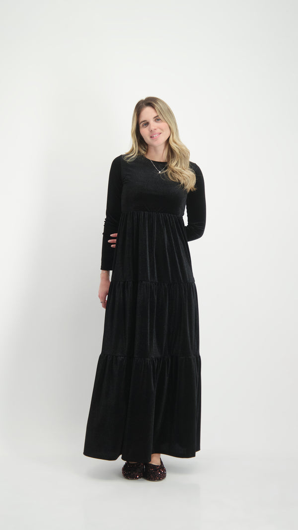 Velvet Maxi Layers Dress / Black Shine