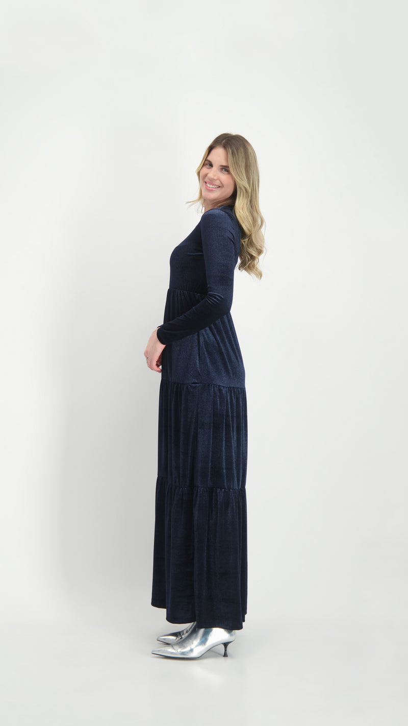 Velvet Maxi Layers Dress / Navy Shine