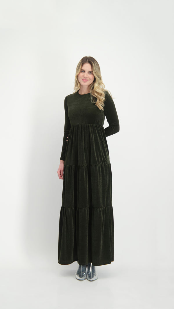 Velvet Maxi Layers Dress / Olive Shine