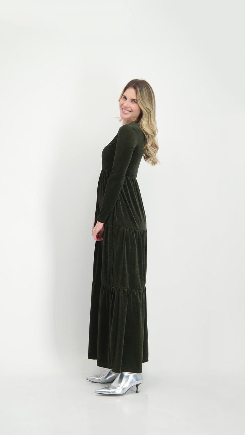 Velvet Maxi Layers Dress / Olive Shine