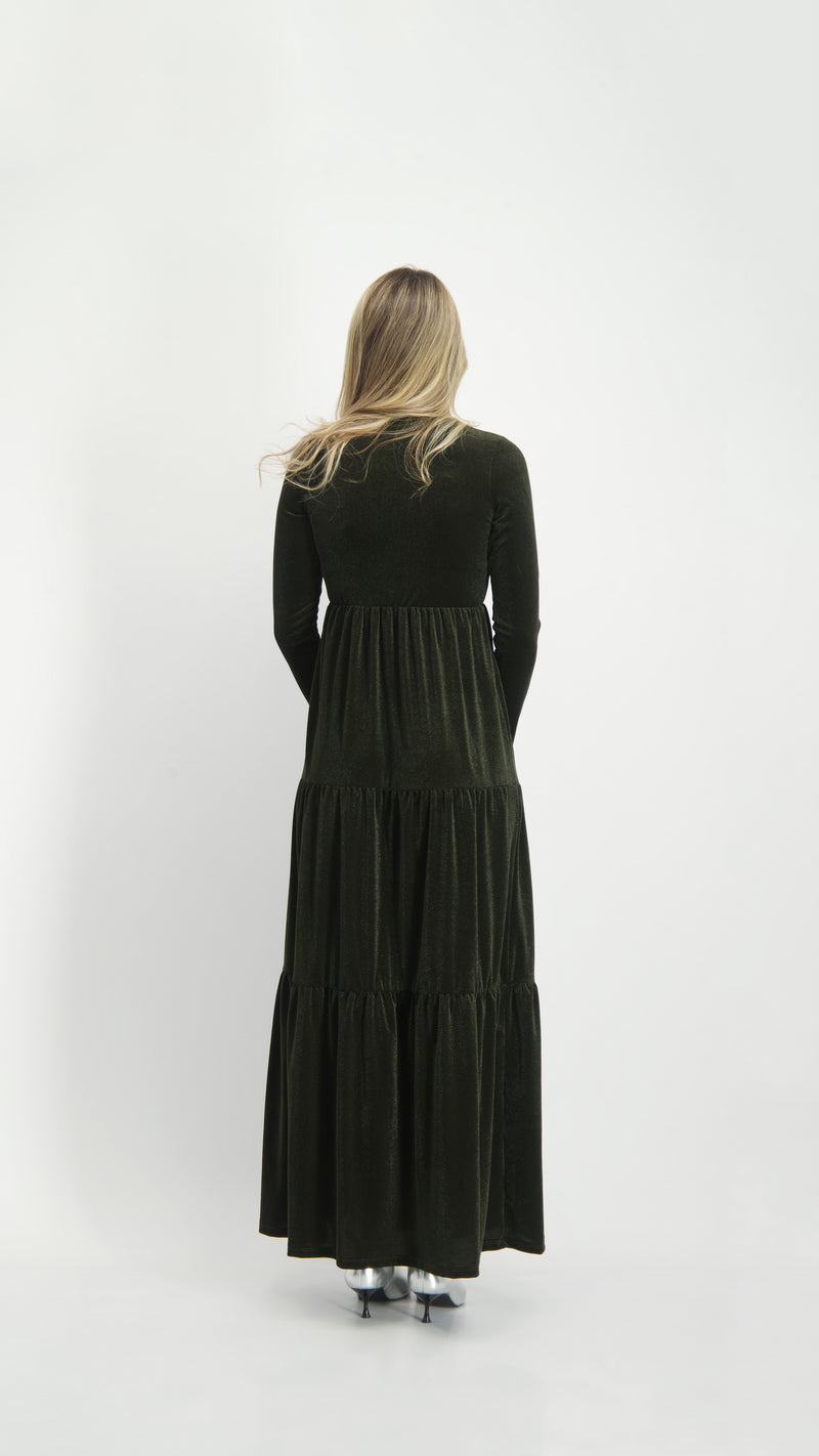 Velvet Maxi Layers Dress / Olive Shine