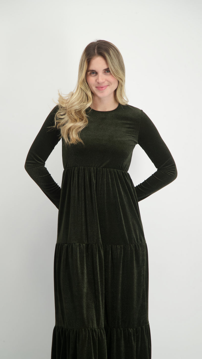 Velvet Maxi Layers Dress / Olive Shine