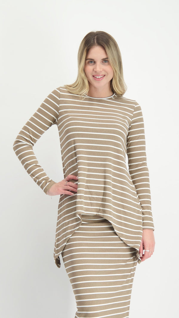 Ribbed Asymmetric T-shirt / Brown & White Line