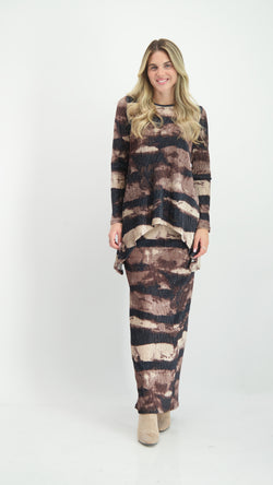 Asymmetric Ribbed Velvet Set / Brown Tie Dye