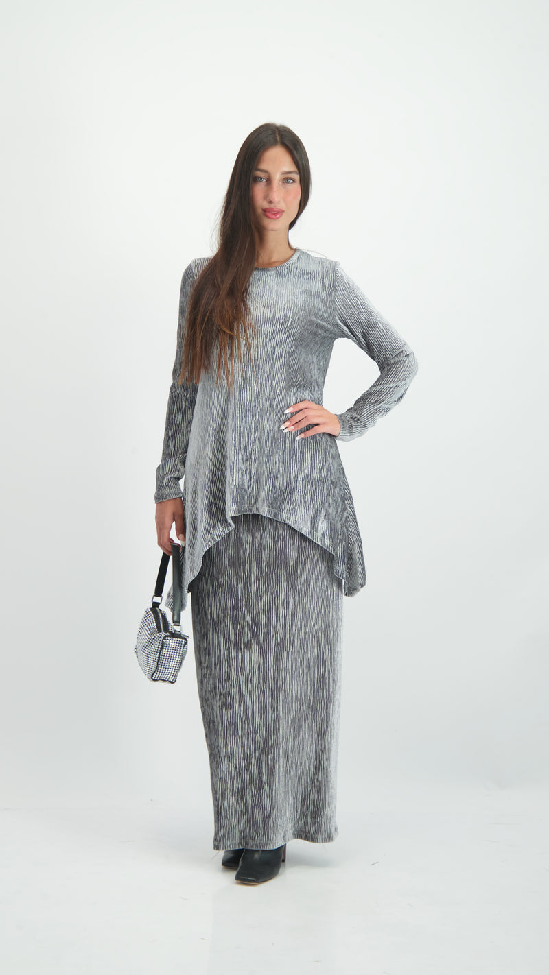 Asymmetric Ribbed Velvet Set / Grey