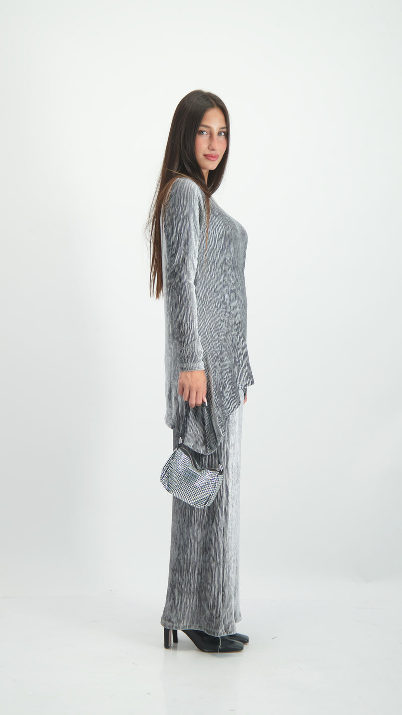 Asymmetric Ribbed Velvet Set / Grey