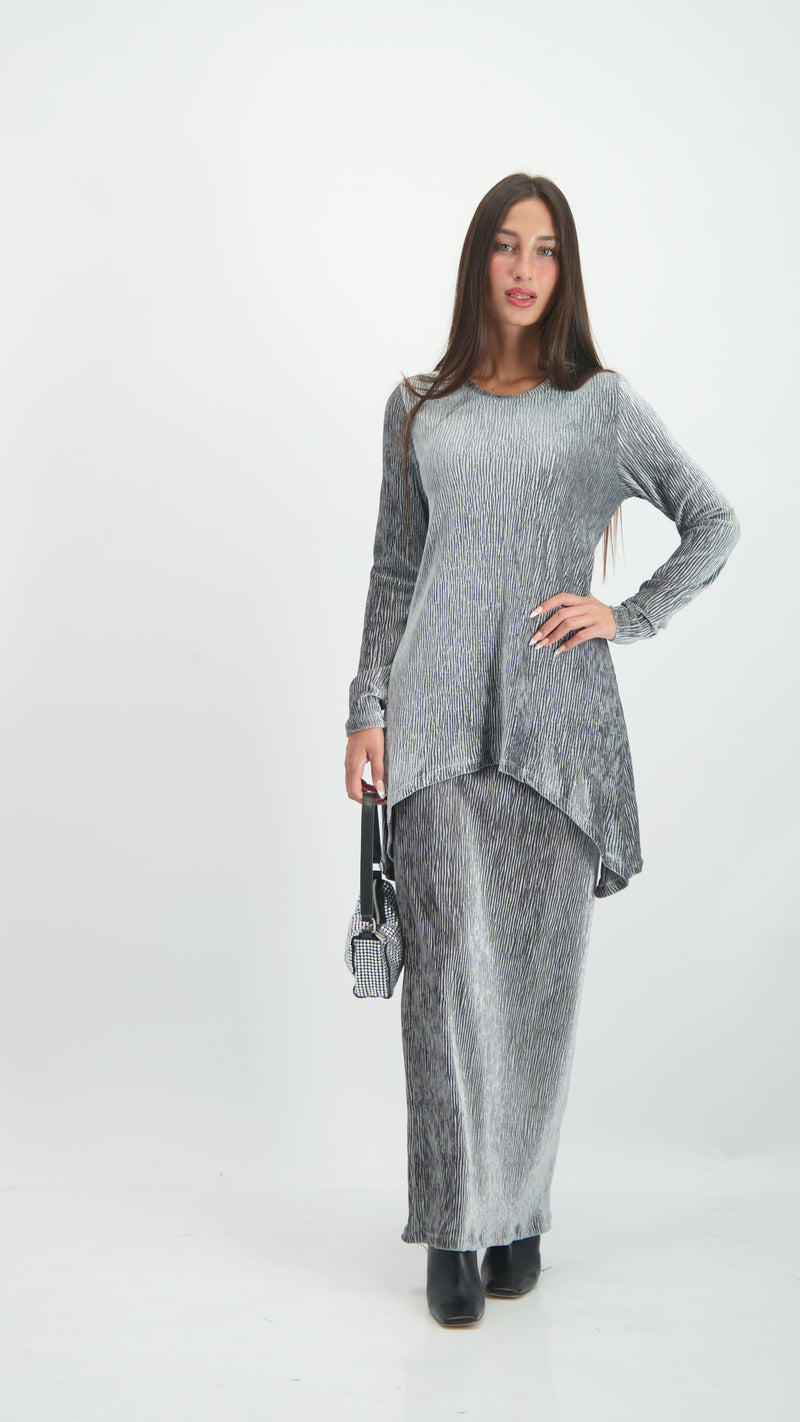 Asymmetric Ribbed Velvet Set / Grey