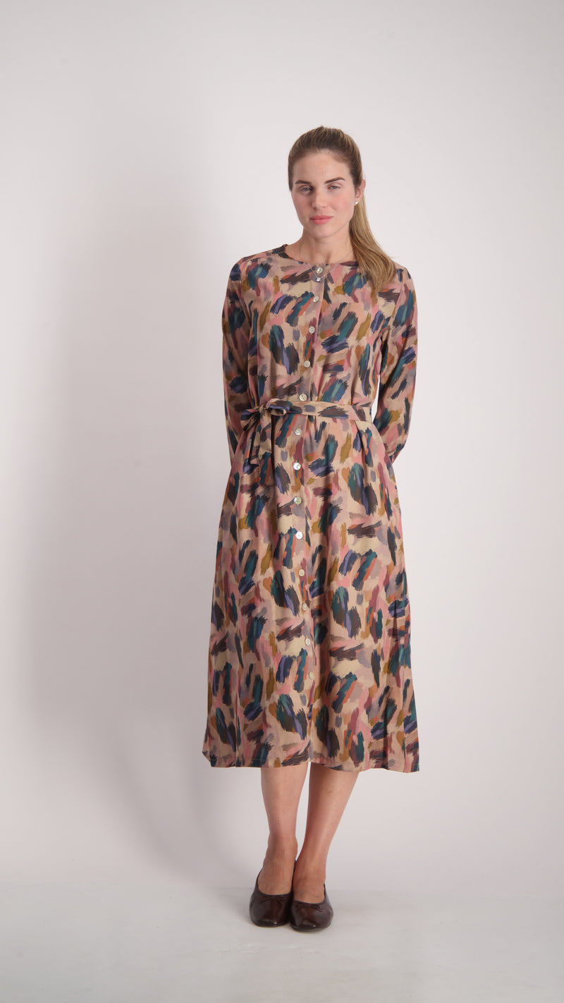 Button Dress With Belt / Peach Splash