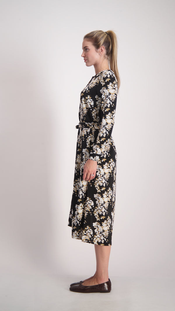 Button Dress With Belt / Black flowers