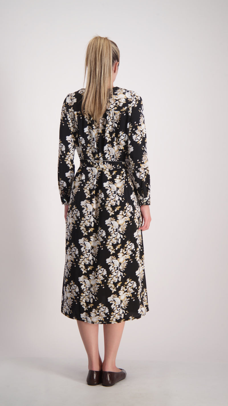 Button Dress With Belt / Black flowers
