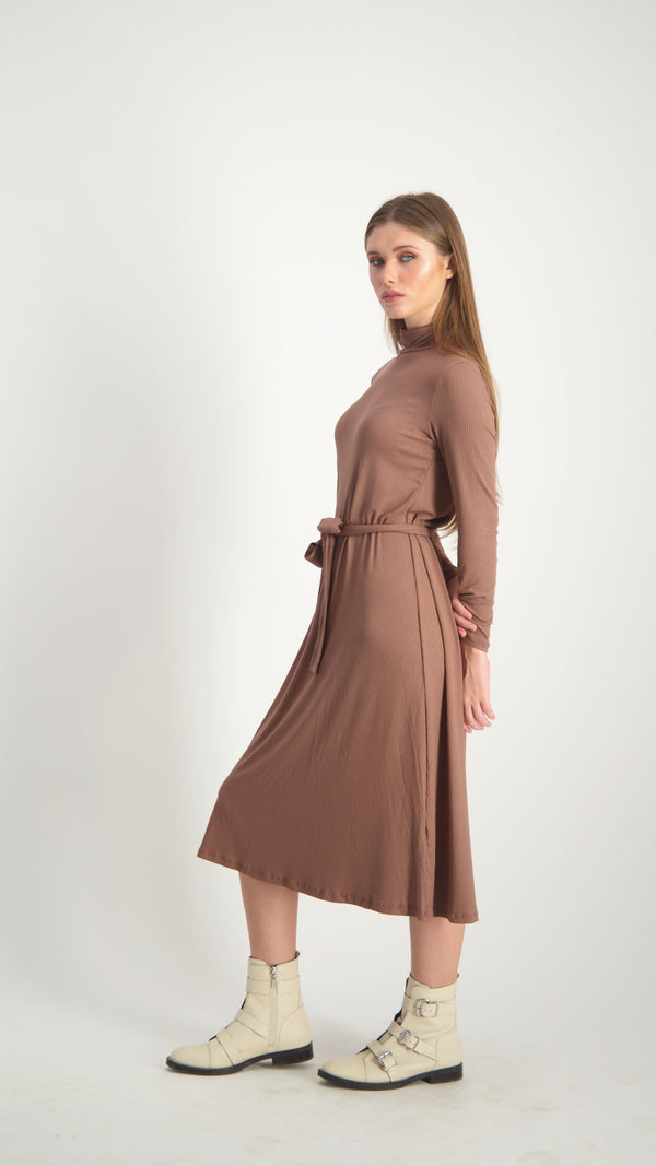 Ribbed Turtleneck Dress With Belt / Brown