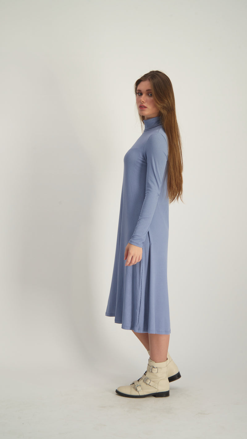 Ribbed Turtleneck Dress With Belt / Blue