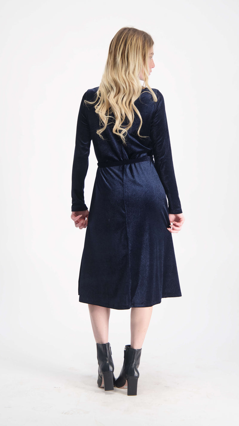 Velvet A-line Dress With Belt / Navy Shine