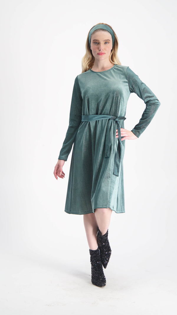 Velvet A-line Dress With Belt / Green & Silver Line
