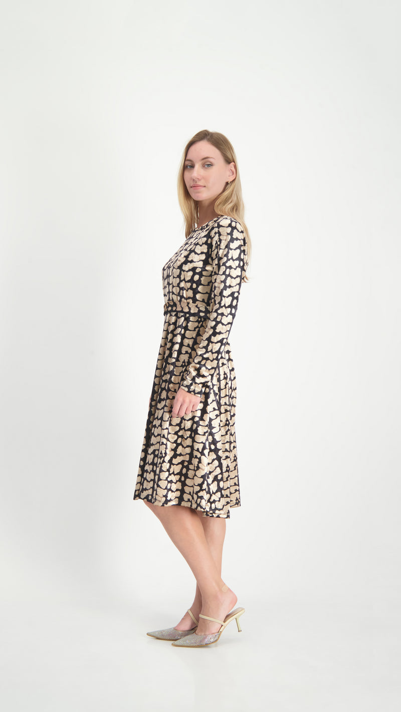 Velvet A-line Dress With Belt / Leopard