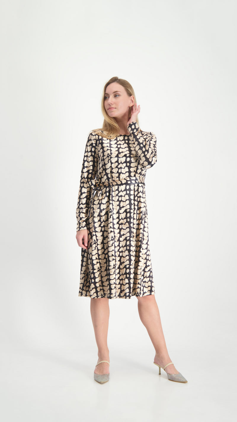 Velvet A-line Dress With Belt / Leopard