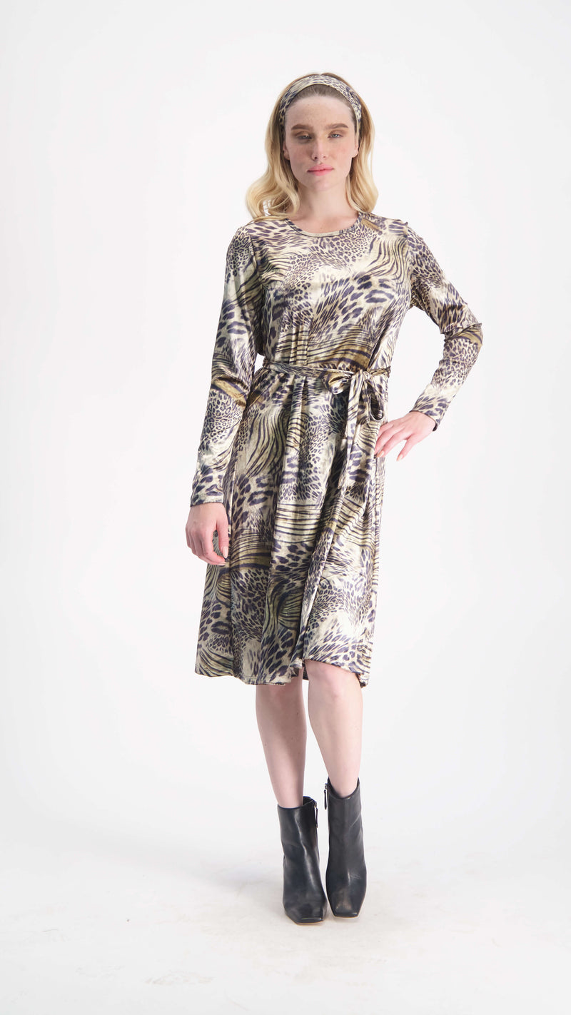 Velvet A-line Dress With Belt / Brown Leopard