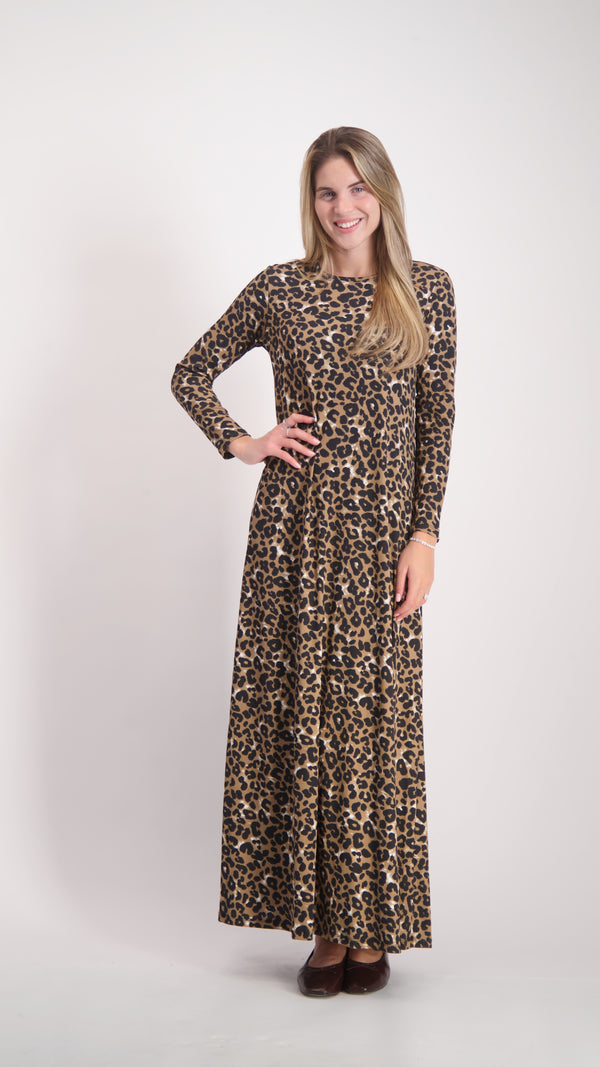 Ribbed A-line Maxi Dress / Brown Leopard
