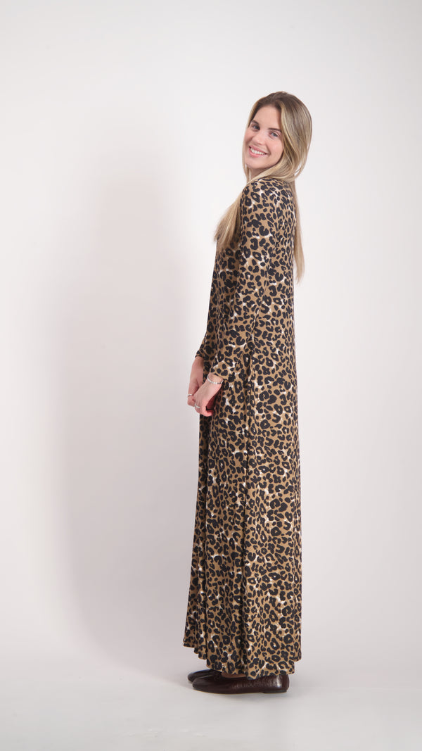 Ribbed A-line Maxi Dress / Brown Leopard