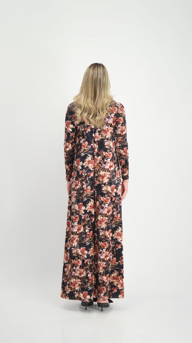 A-line Maxi Velvet Dress / Black Flowers