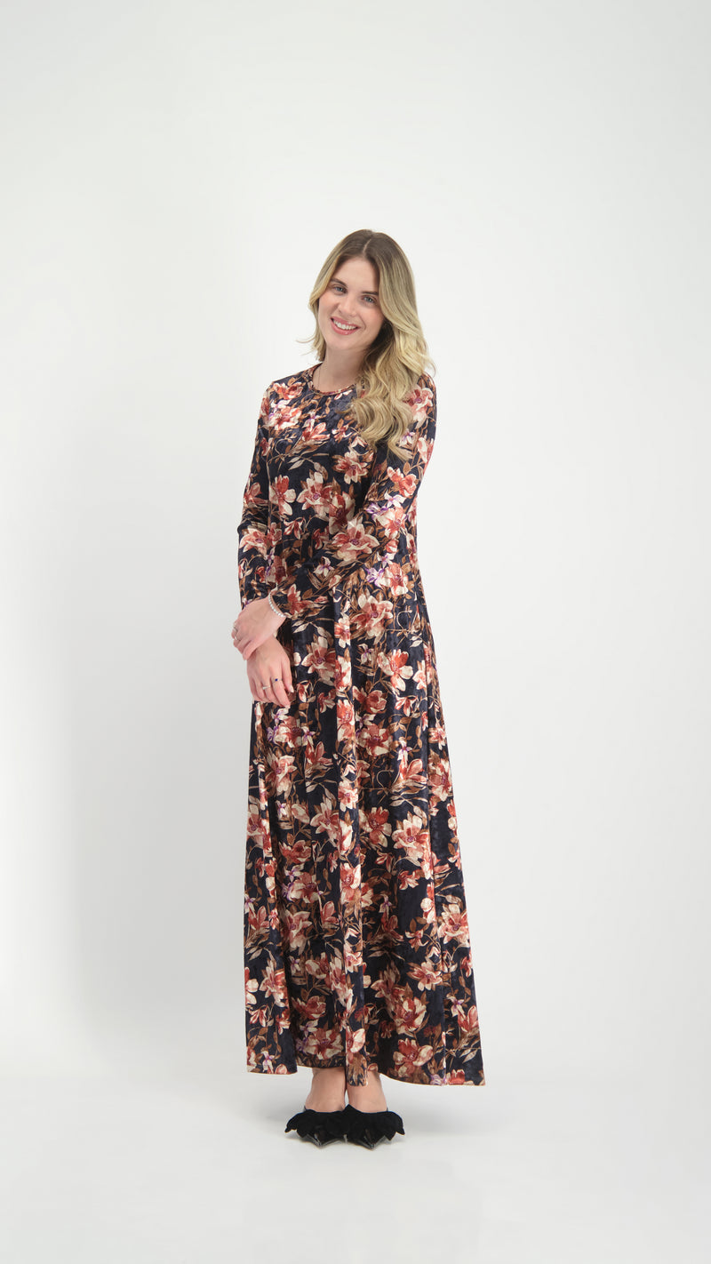 A-line Maxi Velvet Dress / Black Flowers