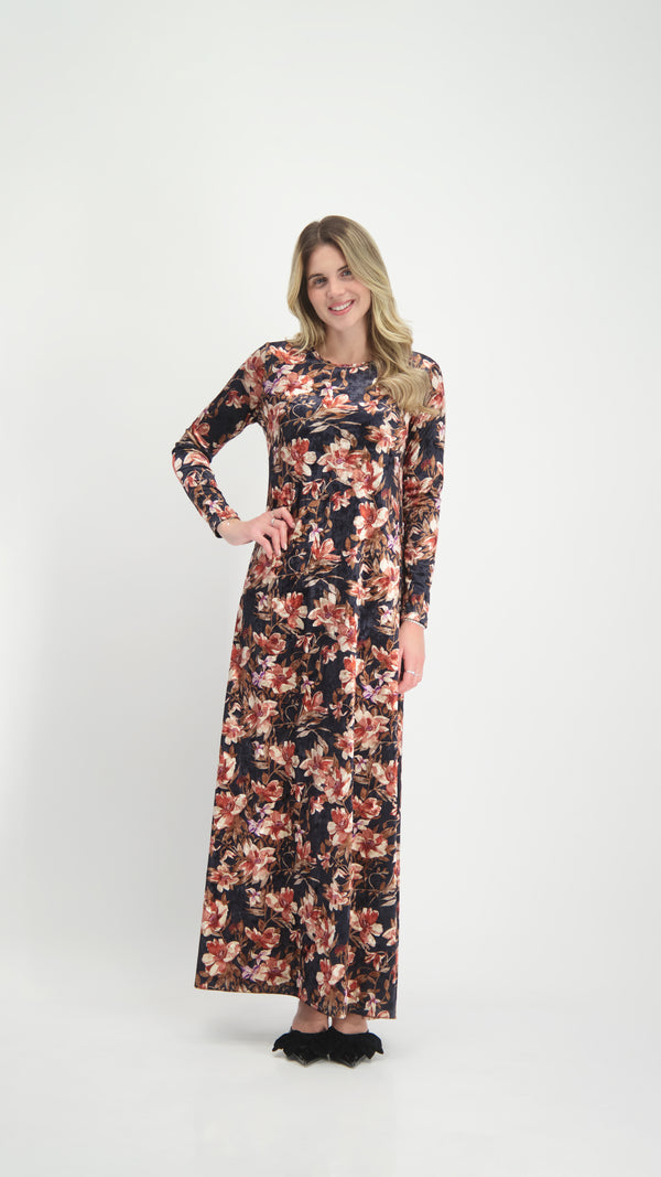 A-line Maxi Velvet Dress / Black Flowers