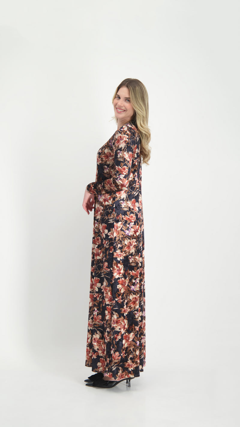 A-line Maxi Velvet Dress / Black Flowers