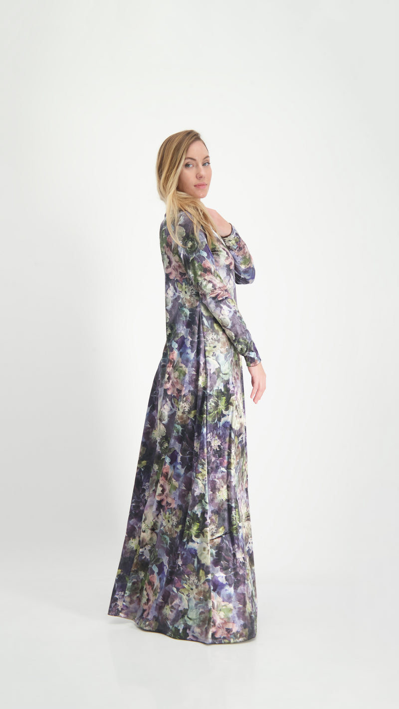 A-line Maxi Velvet Dress / Colorful Flowers