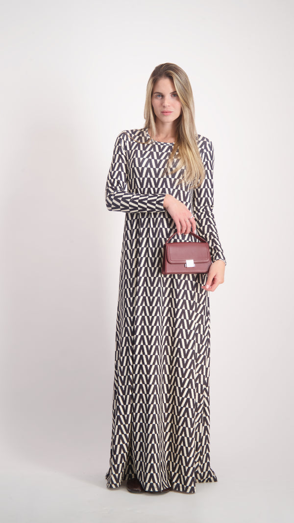 Ribbed A-line Maxi Dress / Black Geometric