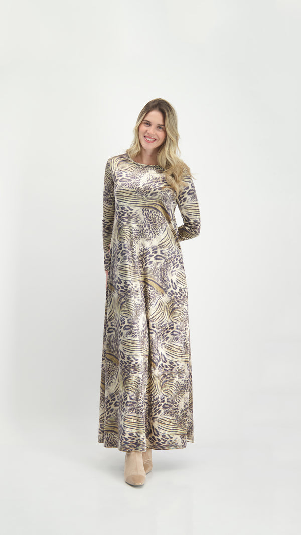 A-line Maxi Velvet Dress / Beige Leopard