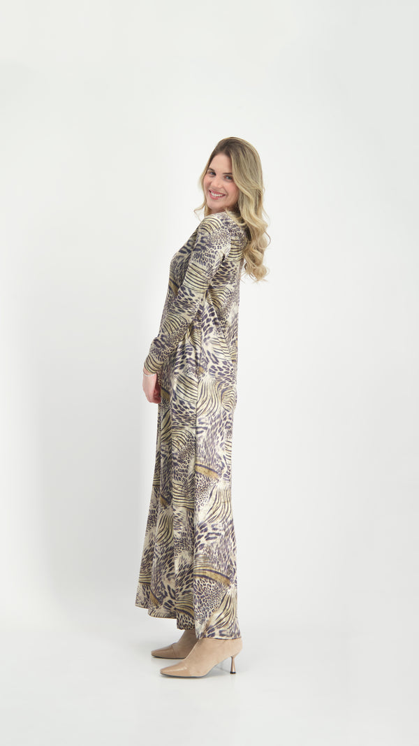 A-line Maxi Velvet Dress / Beige Leopard