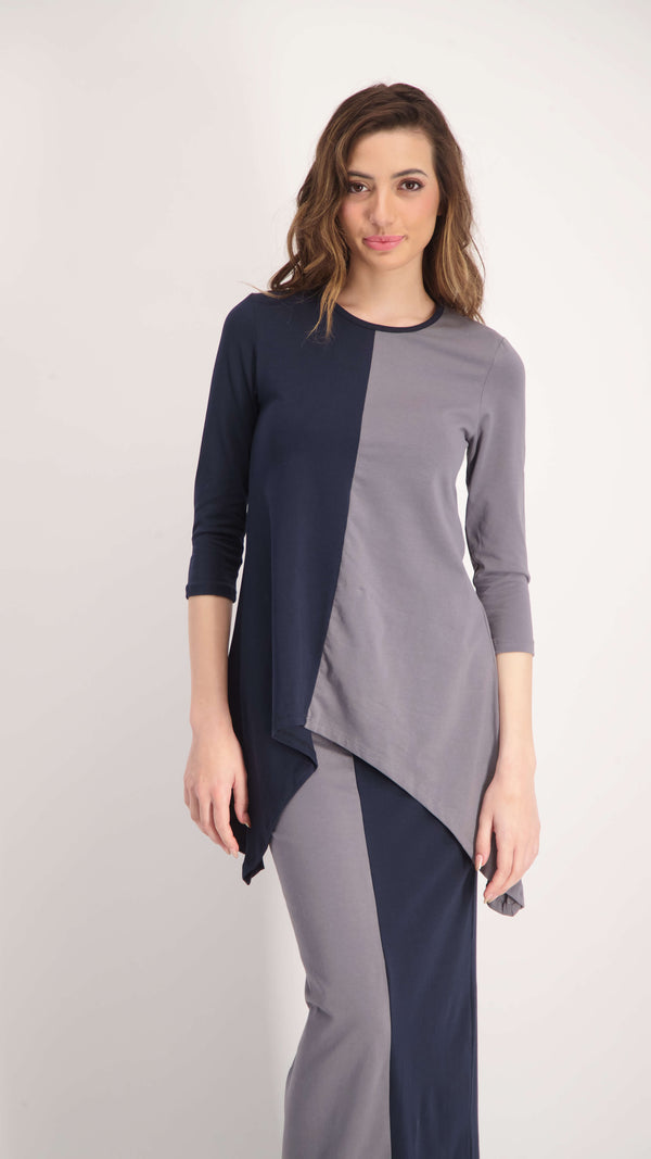 2 Color Asymmetric T-Shirt / Navy & Grey