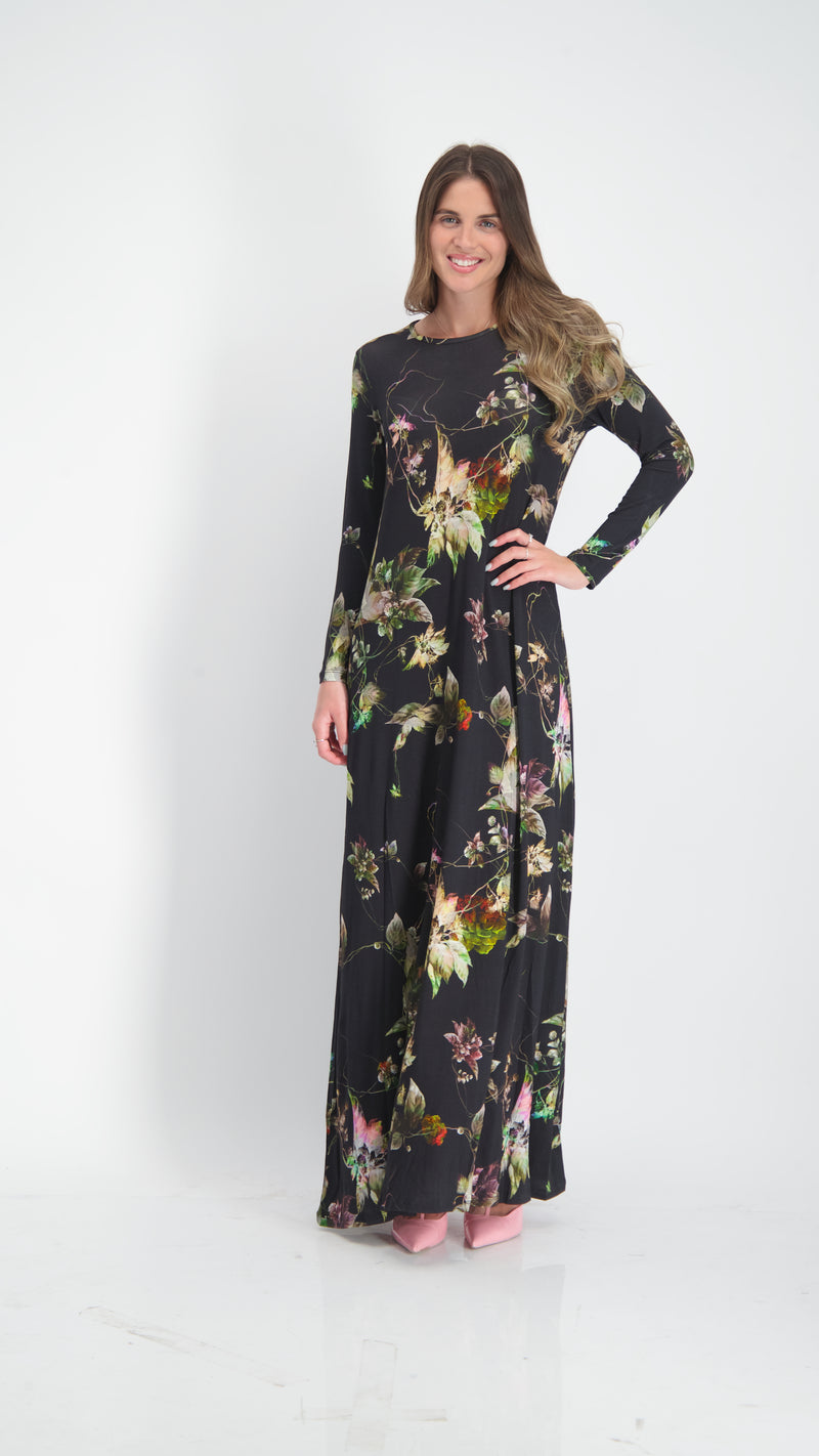 A-line Maxi Dress / Black Flowers