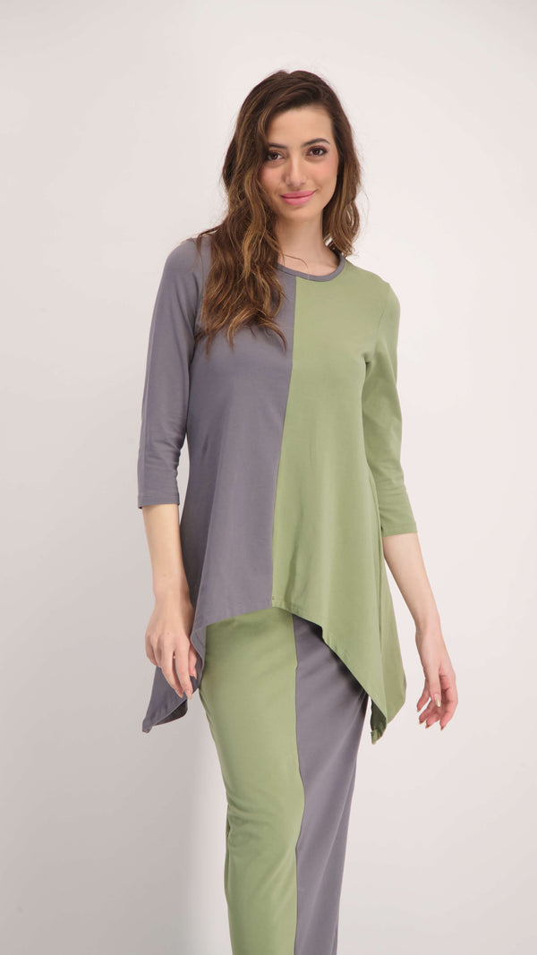 2 Color Asymmetric T-Shirt / Grey & Olive