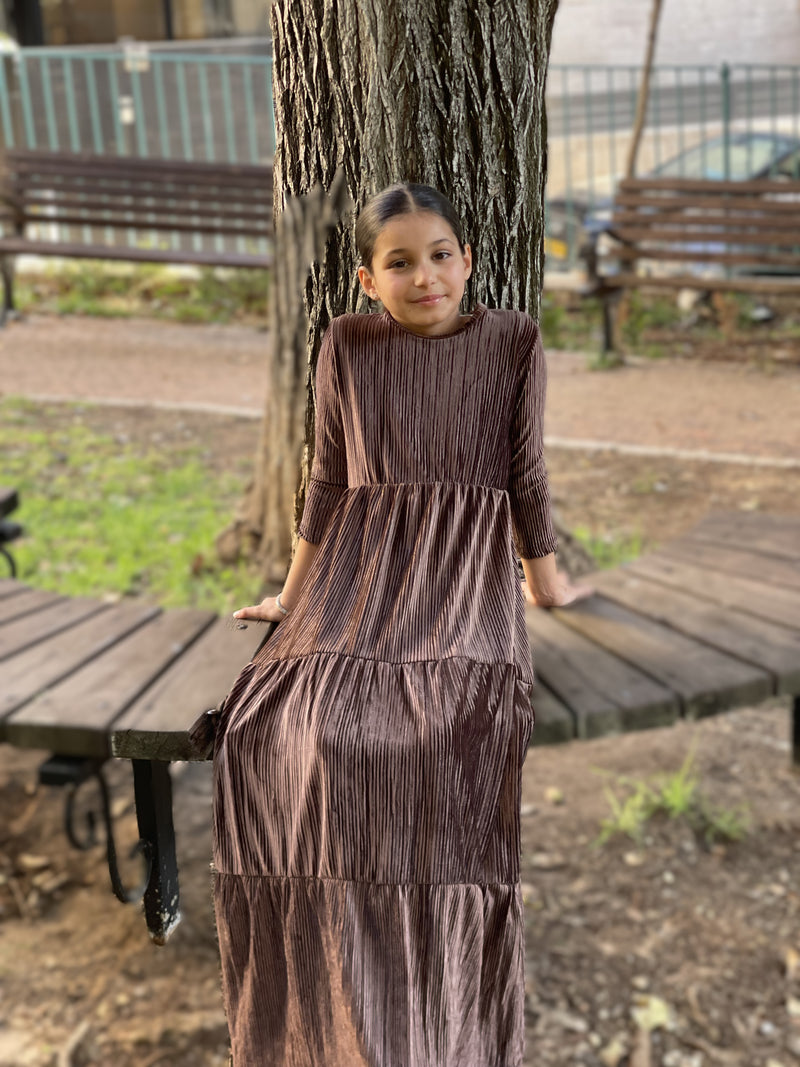 Kids Ribbed Velvet Maxi Layers Dress / Brown