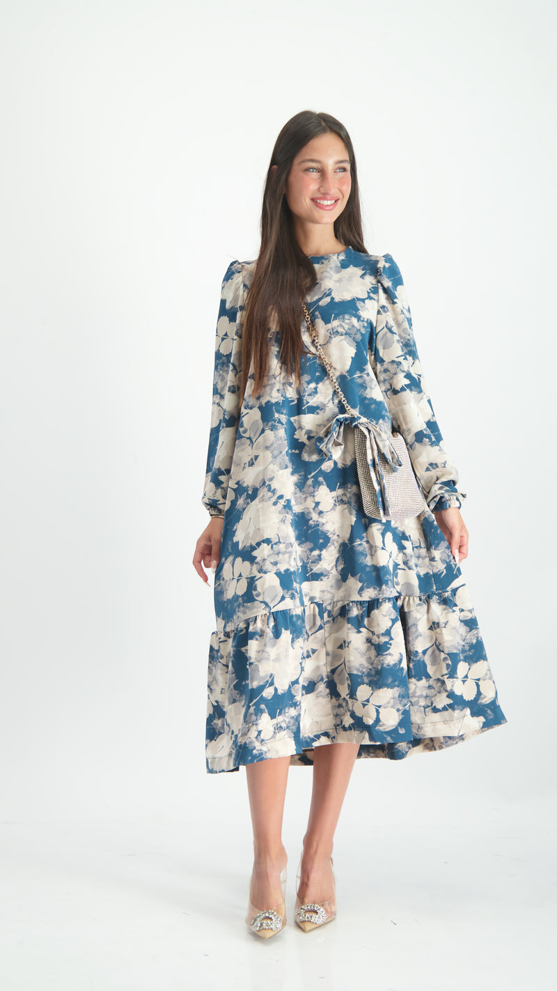 Elegant Dress With Belt / Blue Flowers